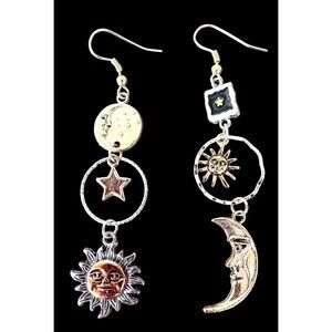 Celestial Sun Moon Stars Earrings Dangle Tarot Halloween Eclectic Mismatched
